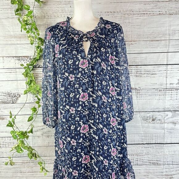 Vineyard Vines Dress size Medium Navy Blue Pink Floral Sheer Church Wedding Knee - Picture 2 of 12